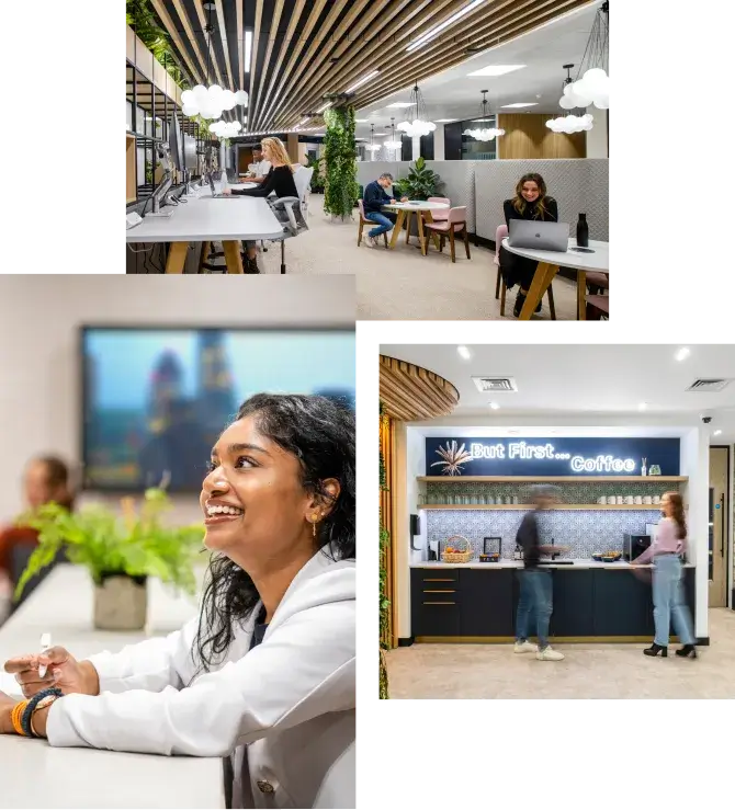 Collage of coworking desks, a smiling colleague, and the 'But First... Coffee' café bar