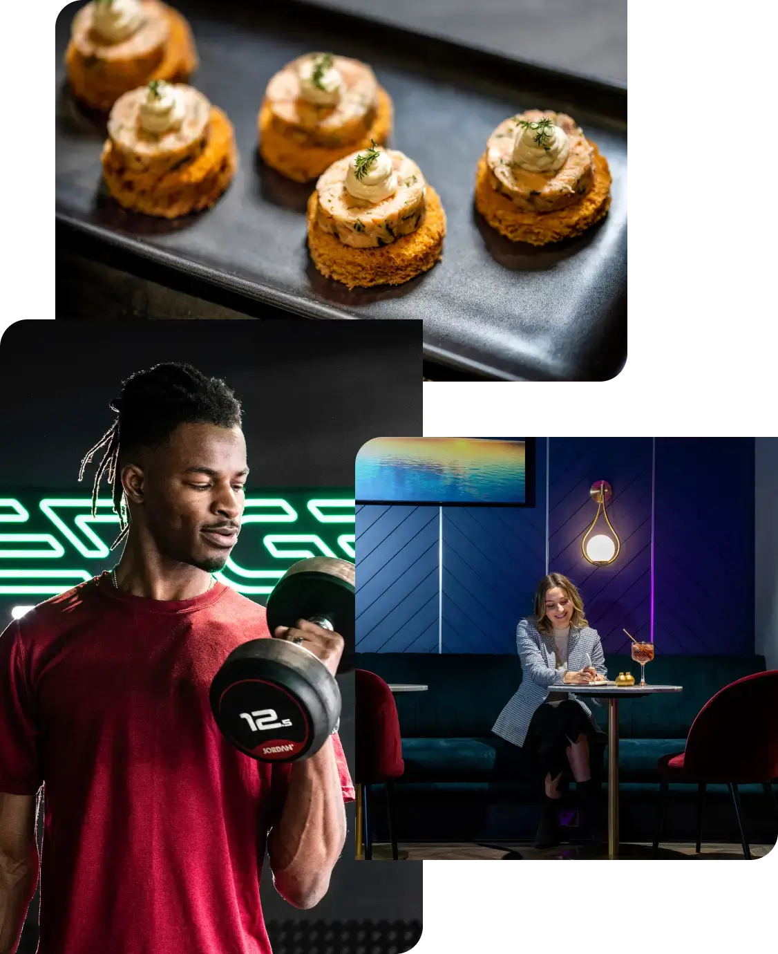 Collage of canapés, a man lifting a dumbbell in the gym, and a woman at a bar table
