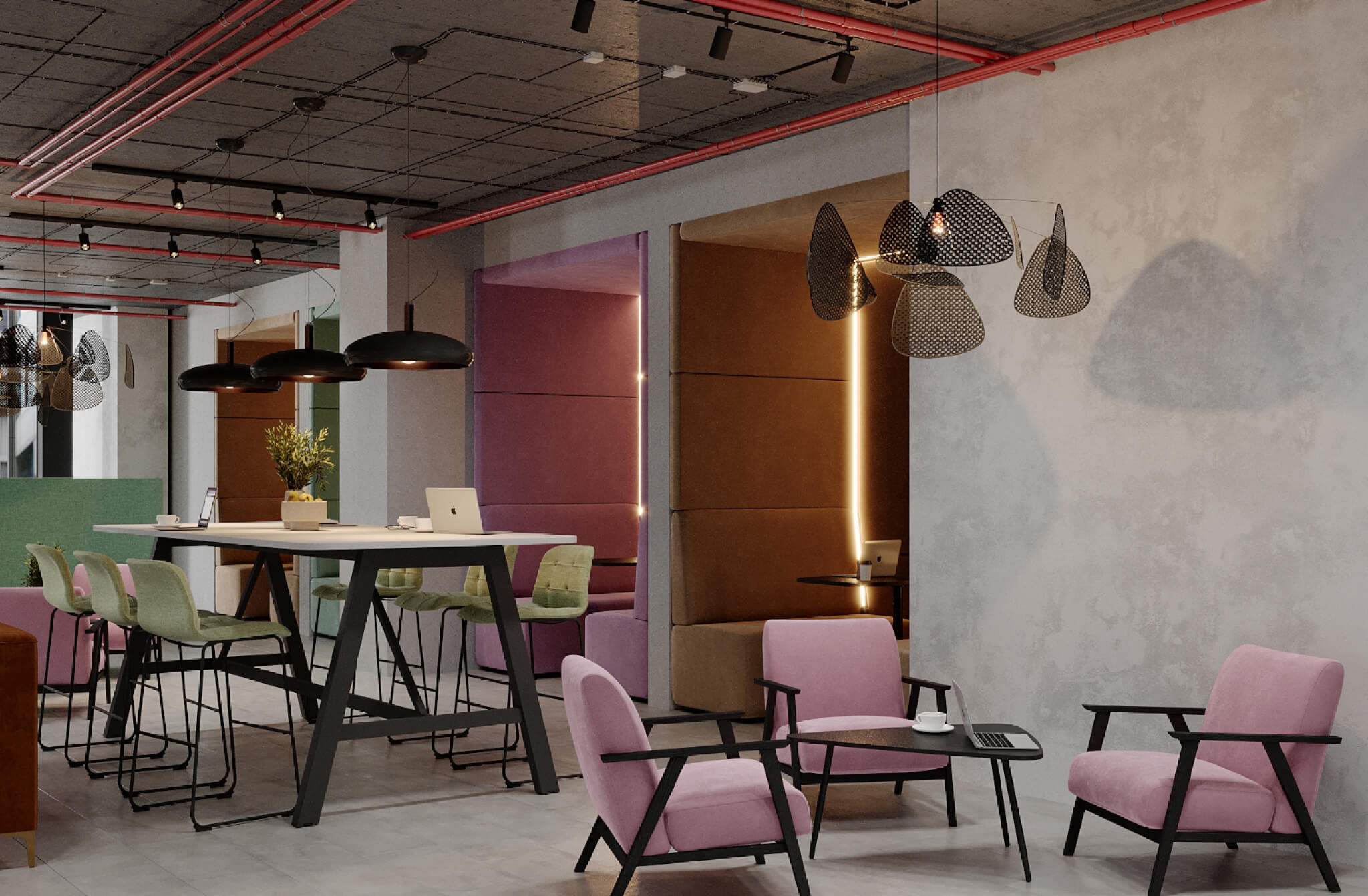 Colourful breakout lounge with pink armchairs, wooden tables and decorative pendant lights