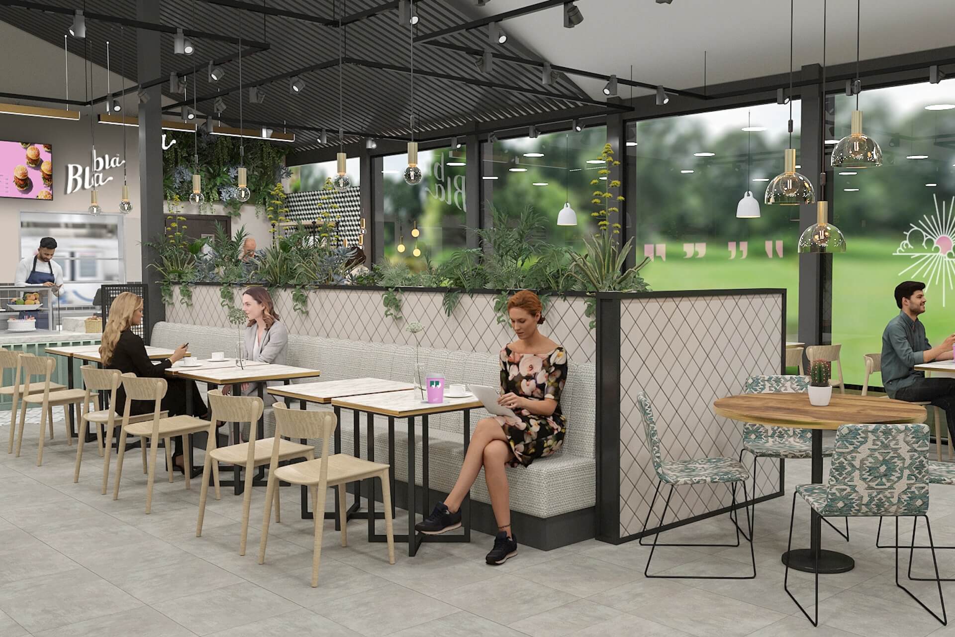 Bla Bla Café interior render with diners at tables, greenery and large windows overlooking a lawn