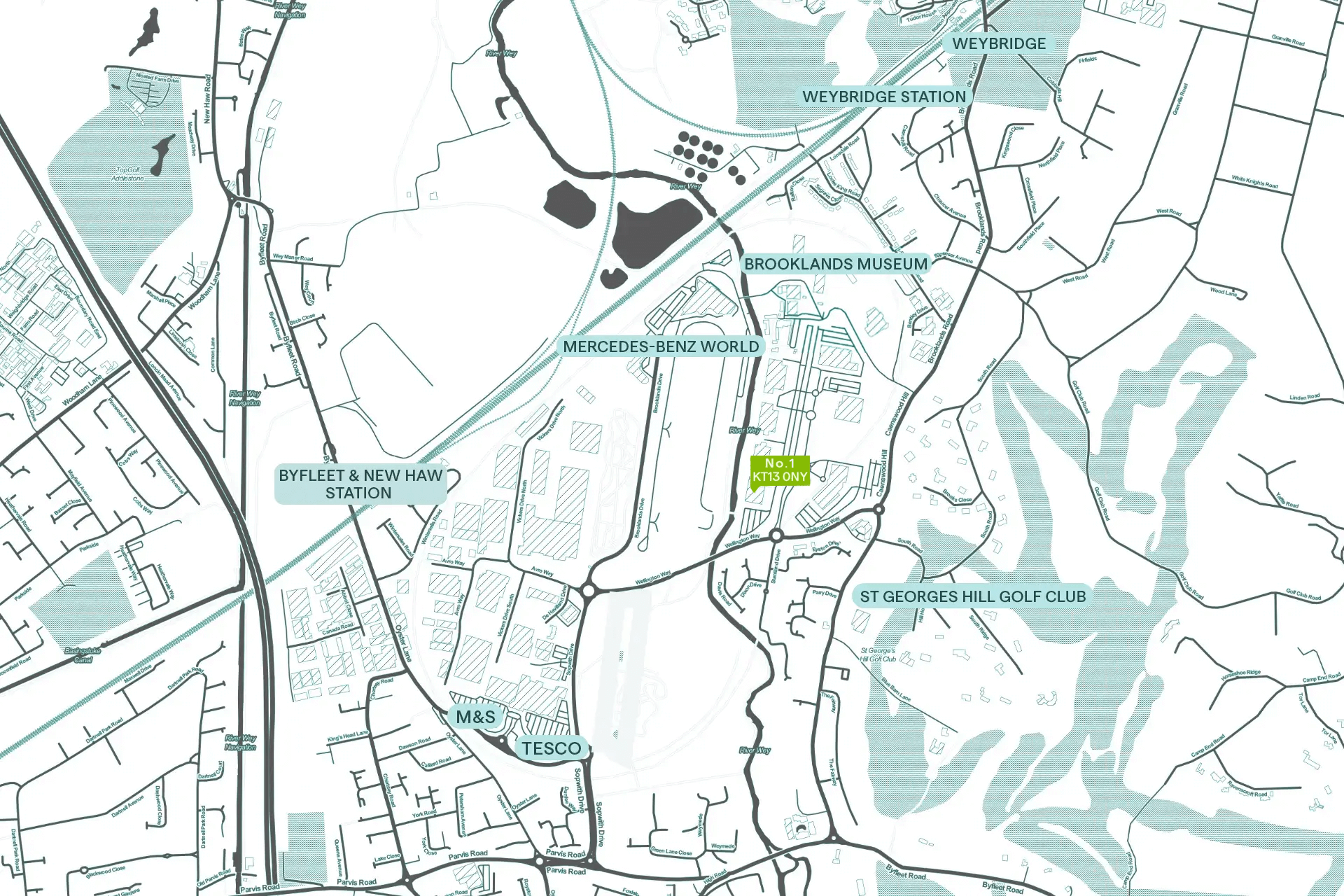 Map showing No.1 Weybridge's location near Weybridge and Byfleet & New Haw stations, Mercedes-Benz World and Brooklands Museum
