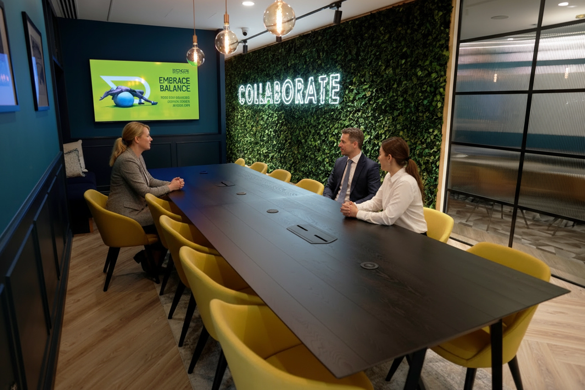 Colleagues meeting in a boardroom with a neon 'Collaborate' sign and green wall