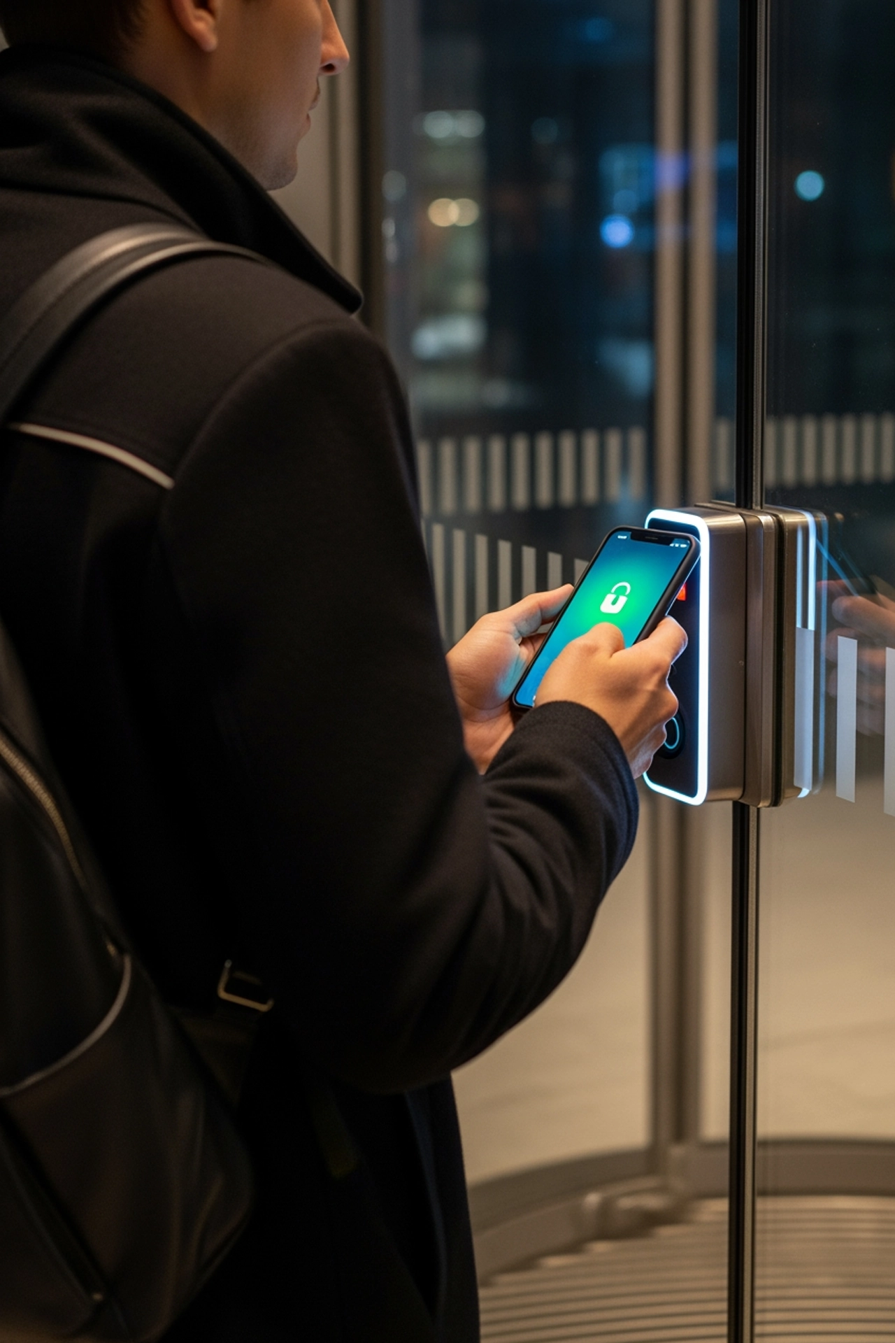 Man unlocking a building entrance using a smartphone key app at night