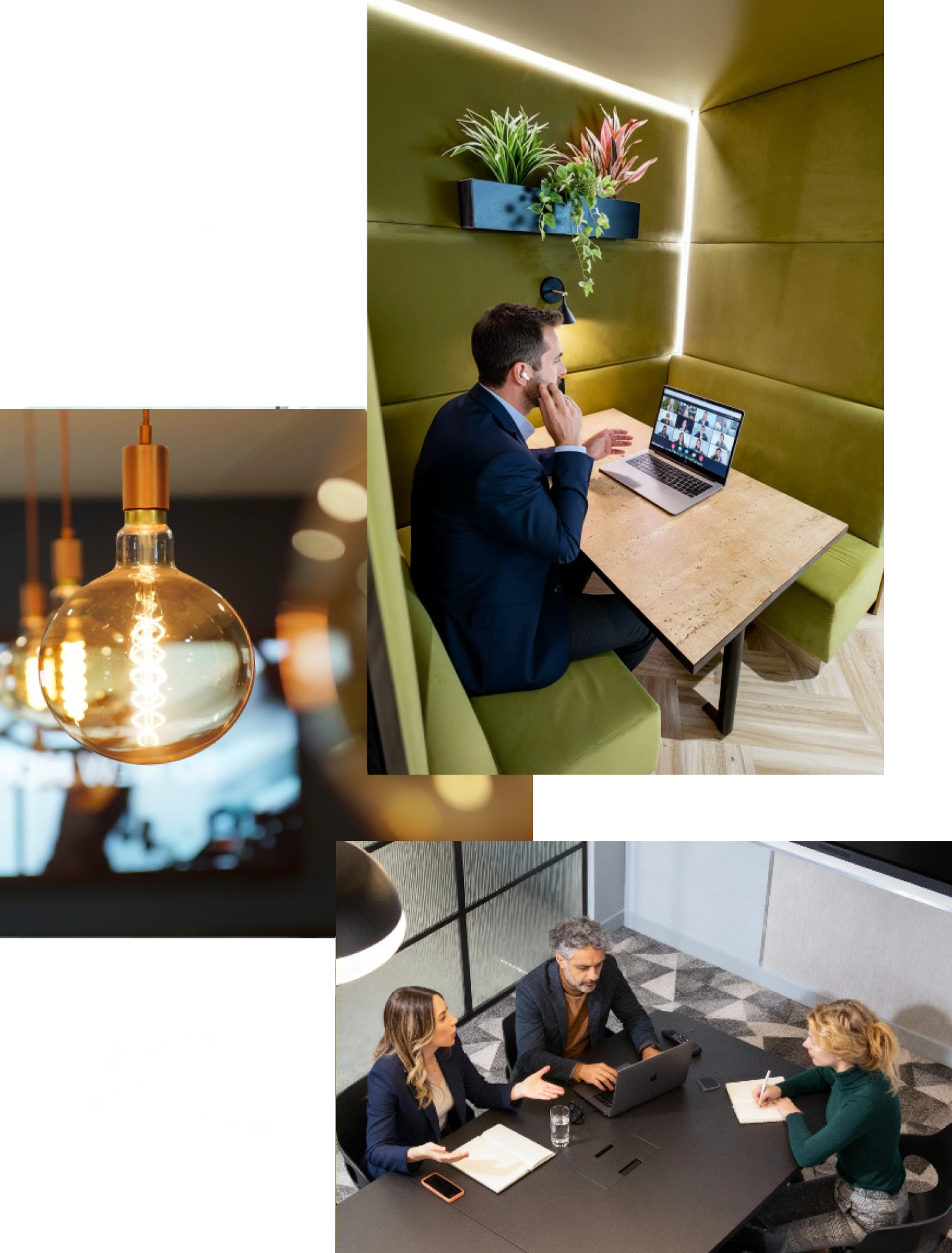 Collage of a man on a video call in a green booth, a pendant light, and colleagues meeting at a table