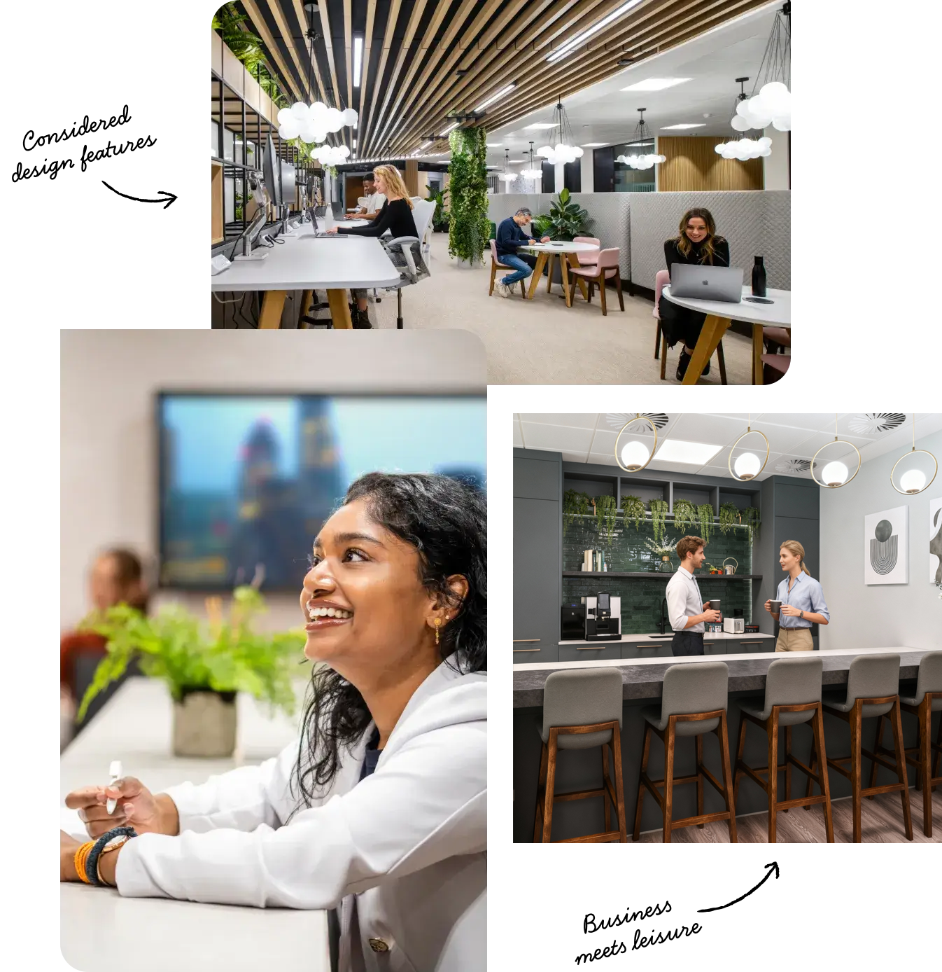Collage of coworking desks, a smiling colleague, and a café-style bar counter