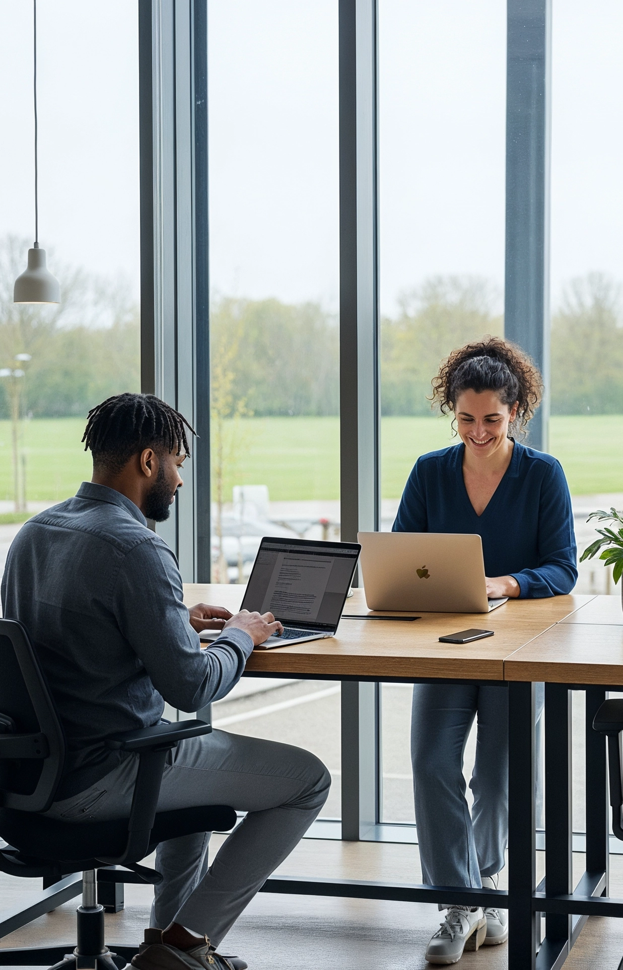 Man and woman working on laptops at a desk beside floor-to-ceiling windows