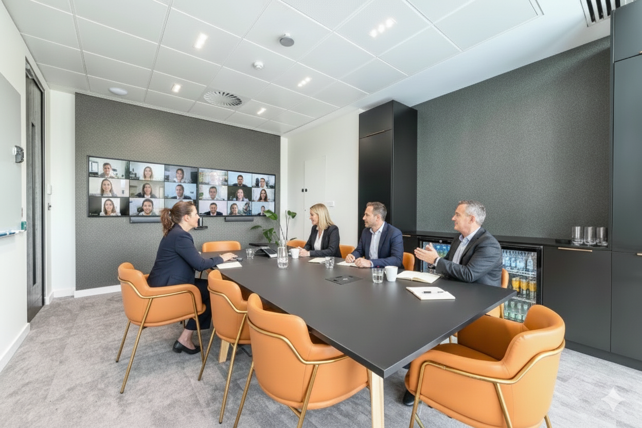 Four colleagues in a video conference meeting around a boardroom table